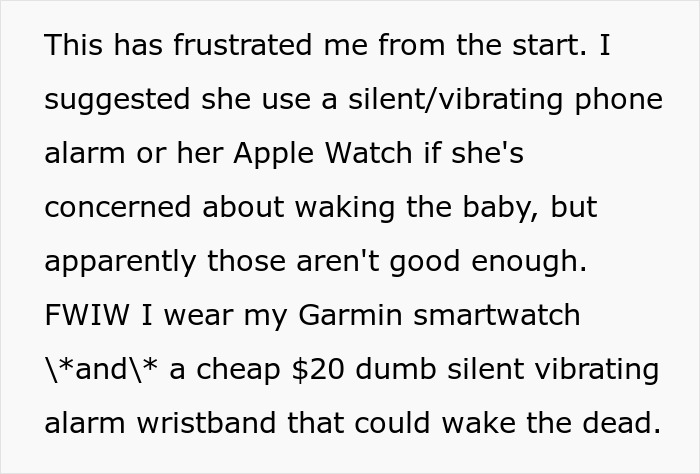 Text discussing a wife's refusal of silent alarms for morning wake-ups, mentioning smartwatches and vibrating wristbands.