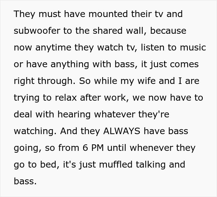 Text describing noise issues from neighbors treating the building like a nightclub, disrupting family's peace.