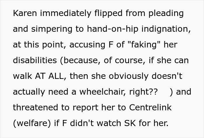 Text excerpt discussing a dispute between a Karen and a disabled neighbor over child care.