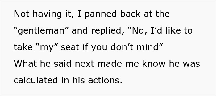 Text image about a woman asserting her right to her seat against a man&rsquo;s guilt-tripping attempt.