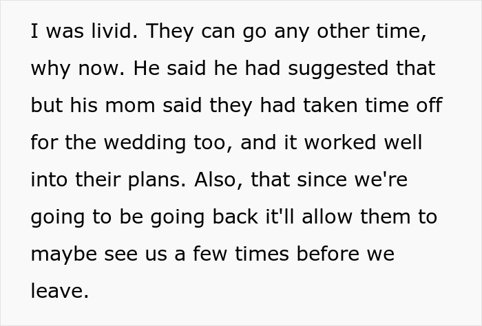 Text about honeymoon conflict with future in-laws vacationing at the same spot.