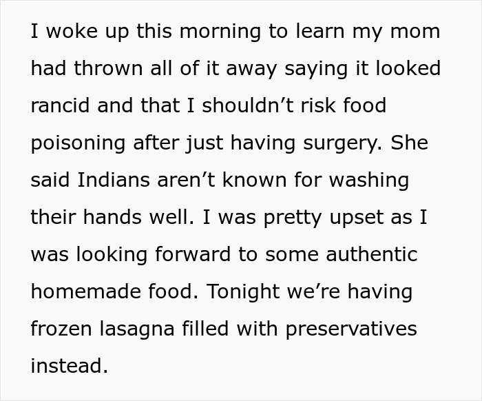 Text describing disappointment after homemade Indian food is discarded post-surgery.