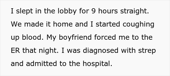 Text describing a person diagnosed with strep and going to the hospital. Text describing a person diagnosed with strep and going to the hospital.