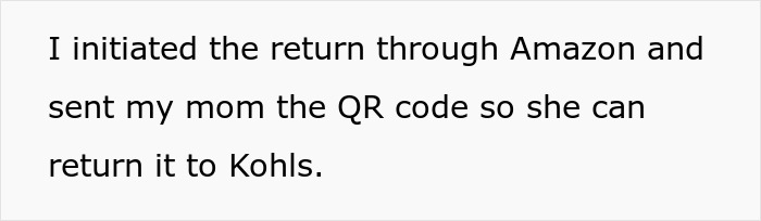 Text message about returning a special gift through Amazon with QR code for Kohl's. Text message about returning a special gift through Amazon with QR code for Kohl's.