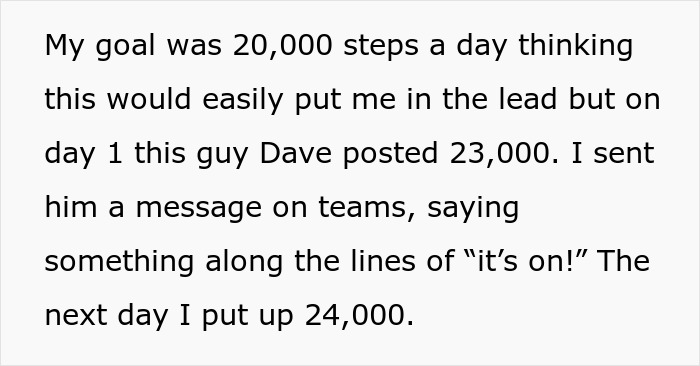 Text recounting a coworker competition, discussing step goals and progress updates. Text recounting a coworker competition, discussing step goals and progress updates.