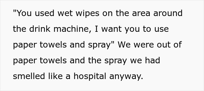 Text image describing a cleaning procedure dispute over wet wipes and paper towels. Text image describing a cleaning procedure dispute over wet wipes and paper towels.