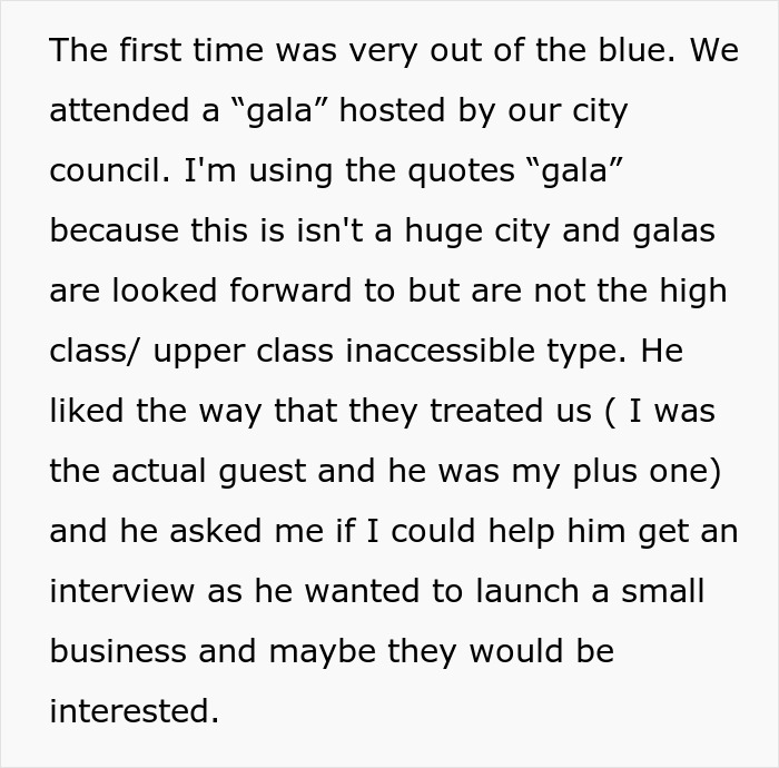 Text detailing a city gala experience and a man's request for a business interview.