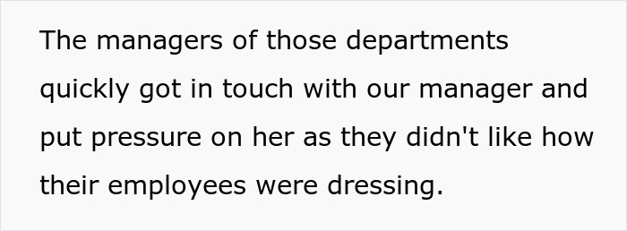 Text about bank staff's attire causing pressure from other managers.