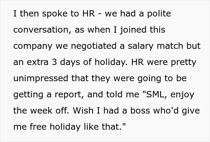 Text image about a European employee's HR discussion regarding PTO and a salary agreement with extra holidays.