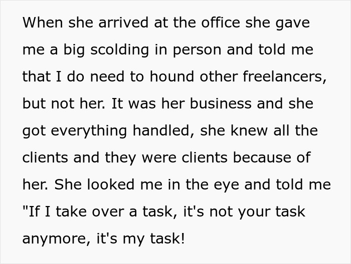 Text describing egoistic boss's reaction to freelancer's compliance.