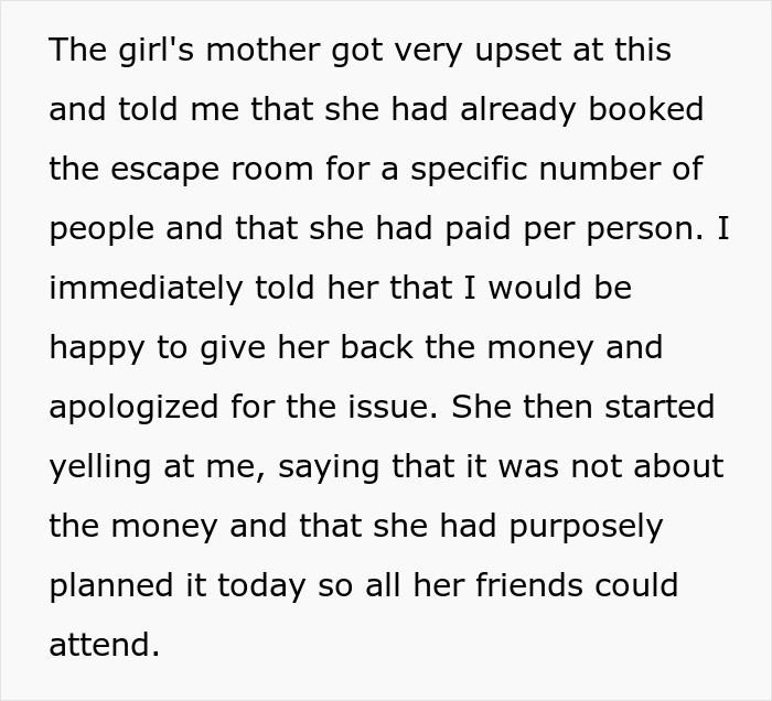 Text about a mother upset over canceled escape room plans; family trip prioritized over daughter's promise.
