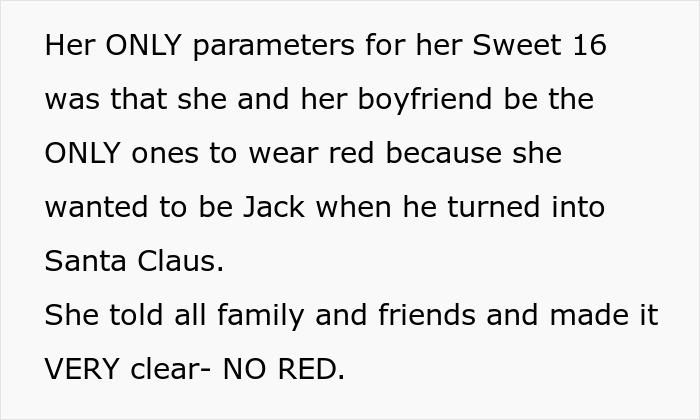 Text about Sweet 16 party rules, emphasizing only she and her boyfriend can wear red to portray Jack becoming Santa Claus.