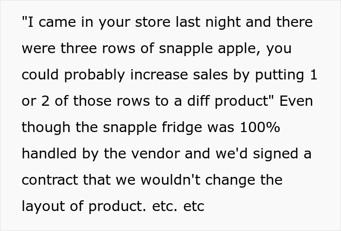 Text excerpt highlighting employee's compliance to a strict store product layout contract with vendor. Text excerpt highlighting employee's compliance to a strict store product layout contract with vendor.