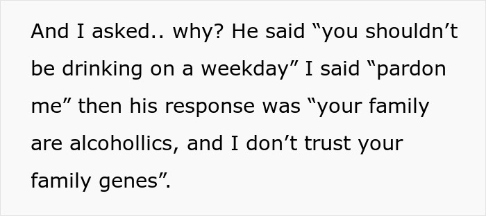 Screenshot of a text exchange about family genes and alcoholism, highlighting a disagreement over drinking habits.