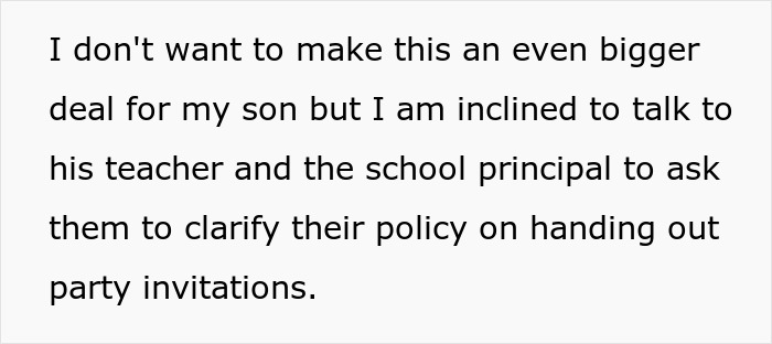 Parent considers discussing school policy on party invitations after son's exclusion.