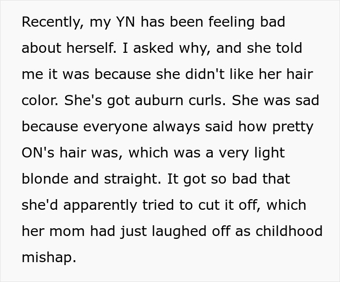 Girl with auburn curls sad about her hair compared to others, leading to an aunt customizing a doll for her.