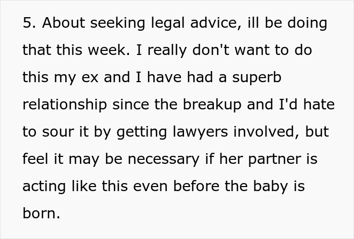 Text about seeking legal advice regarding naming rights for an ex-partner's baby, amidst a superb relationship post-breakup.