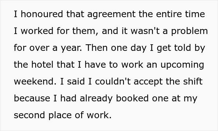 Text describing a job agreement and a scheduling conflict at a hotel.