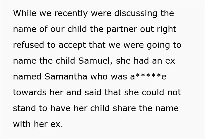 Text discussing a disagreement over naming a child, mentioning the partner's refusal due to a negative association with an ex.