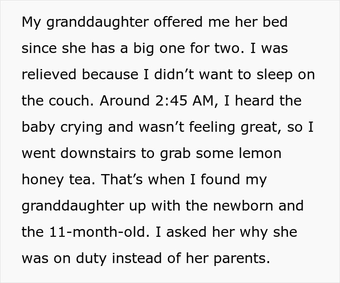 Text describing a grandmother discovering her granddaughter awake with newborn siblings, highlighting family responsibility. Text describing a grandmother discovering her granddaughter awake with newborn siblings, highlighting family responsibility.