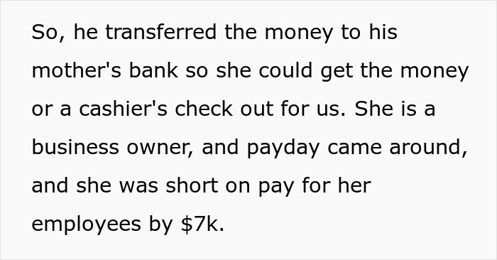Text about a man loaning mom $7K to pay employees, keeping it secret from wife wanting a car.