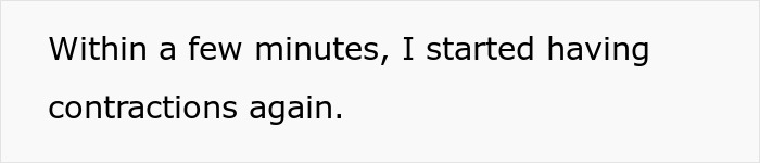 Text image with quote about contractions starting again after a hospital visit.