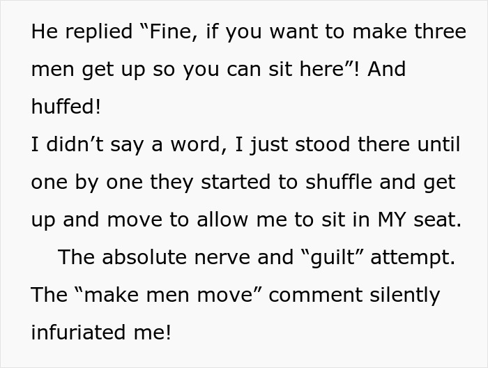 Text exchange about a man guilt-tripping a woman to make men move for her seat.