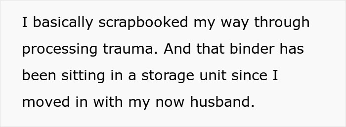 Quote about processing trauma with scrapbooking, related to ex's criminal record revelation.