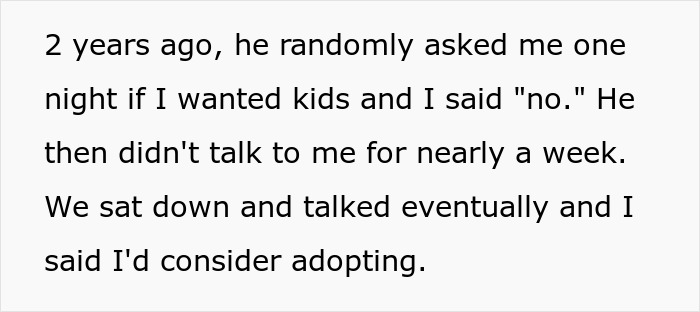 Text about a couple discussing kids and considering adoption.