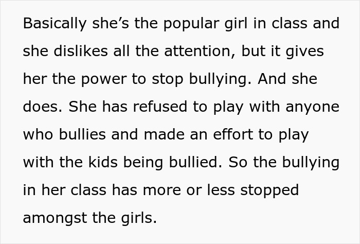Text describes a popular girl using her influence to stop bullying, playing with bullied classmates to change dynamics.