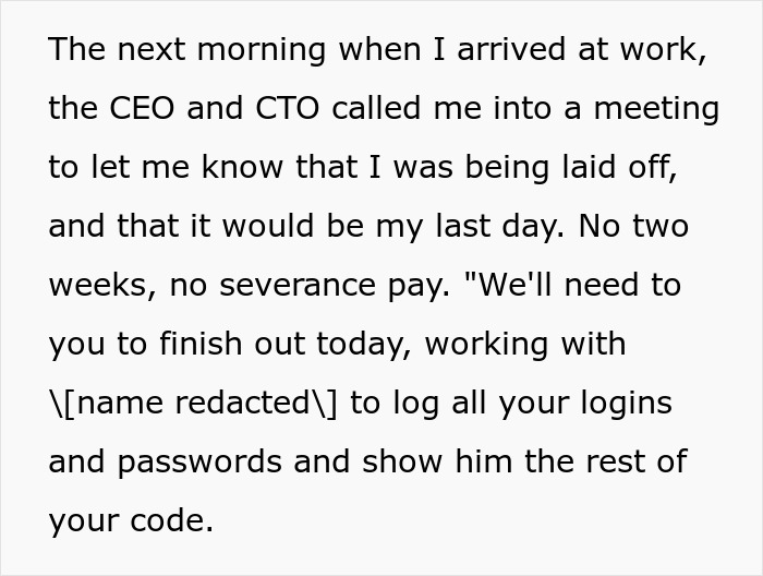 Text from an employee explaining their sudden layoff without severance.