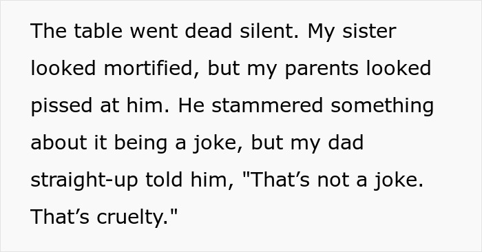 Text exchange highlighting a fake public proposal prank backfiring at a family gathering.