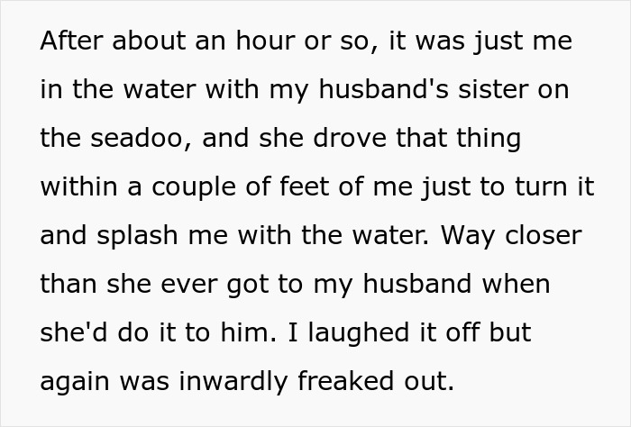 Text describing a woman's experience with sister-in-law's seadoo close call, hinting potential planned actions. Text describing a woman's experience with sister-in-law's seadoo close call, hinting potential planned actions.