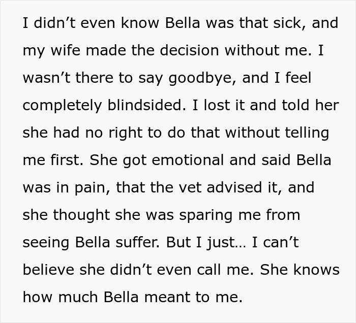Man's heartbreak as wife puts down dog without telling him, causing trust issues.