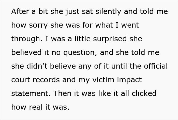 Text exchange about ex's criminal record revealed to current wife, expressing disbelief and realization.