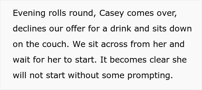 Text conversation about Casey, a declining drink, and the need for prompting, linked to open relationship claims and infertility.