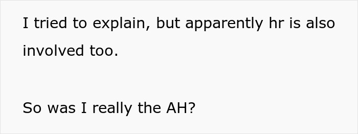 Text discussing HR involvement and questioning personal actions, related to a pregnant woman's request about breakroom tuna.