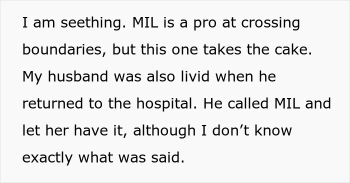 Text describing a pregnant woman upset at hospital after MIL's boundary overstep.