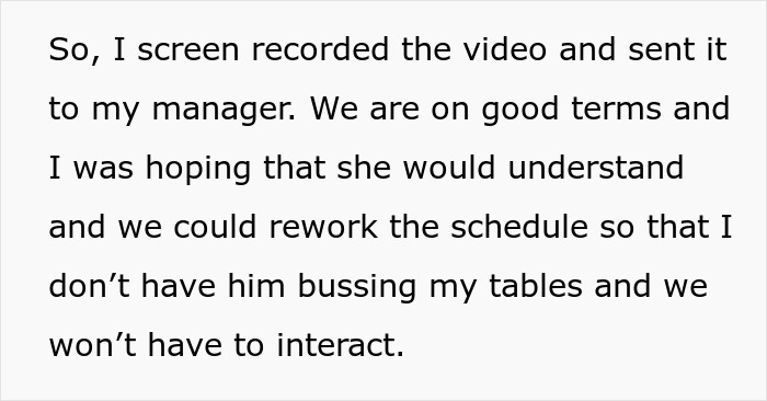 Text on scheduling issue related to coworker's behavior using photo in trend.