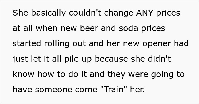 Text description about a female boss unable to change beer and soda prices due to lack of training, leading to complications. Text description about a female boss unable to change beer and soda prices due to lack of training, leading to complications.