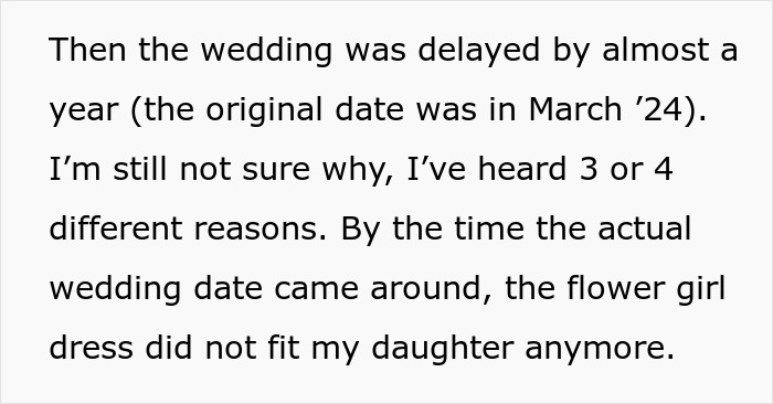 Text discusses reasons for skipping a friend's wedding due to delays and fitting issues with the flower girl dress. Text discusses reasons for skipping a friend's wedding due to delays and fitting issues with the flower girl dress.