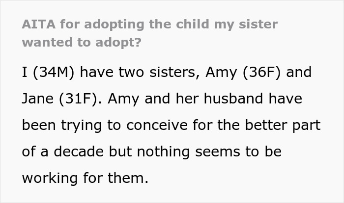 Text discussing brother adopting deceased sibling's baby, mentions sister's fertility struggles.