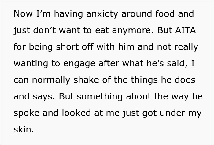 Text describing a woman's anxiety around food after being fat-shamed by her husband. Text describing a woman's anxiety around food after being fat-shamed by her husband.