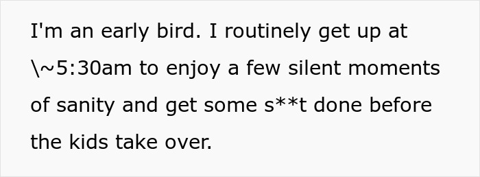 Text about an early riser's morning routine before family demands kick in.