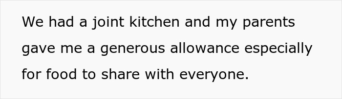Text about a joint kitchen and sharing food allowance, related to roommates and food dynamics. Text about a joint kitchen and sharing food allowance, related to roommates and food dynamics.