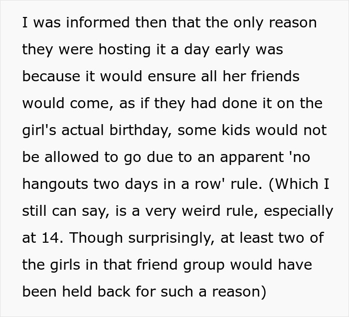 Text discussing a parent's choice of a family trip over daughter's plans with friends.