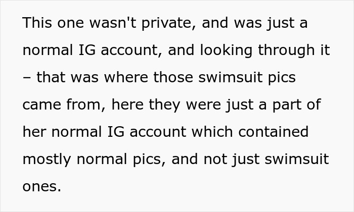 Text discussing a non-private, normal IG account with swimsuit photos among other pictures.