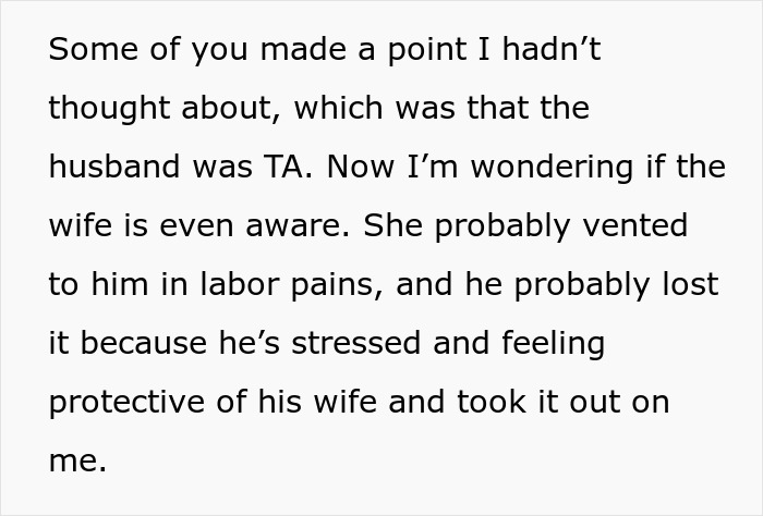 Text discussing husband’s reaction after neighbor waterproofs car with trash bags to give a pregnant woman a ride. Text discussing husband’s reaction after neighbor waterproofs car with trash bags to give a pregnant woman a ride.