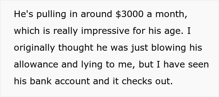 Text about a mother considering charging her 17-year-old son rent due to his impressive $3000 monthly income.