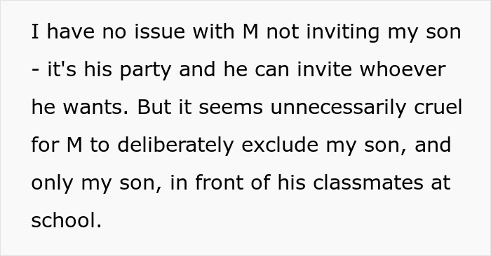 Text about a boy being excluded from a party, highlighting it as cruel and unnecessary.